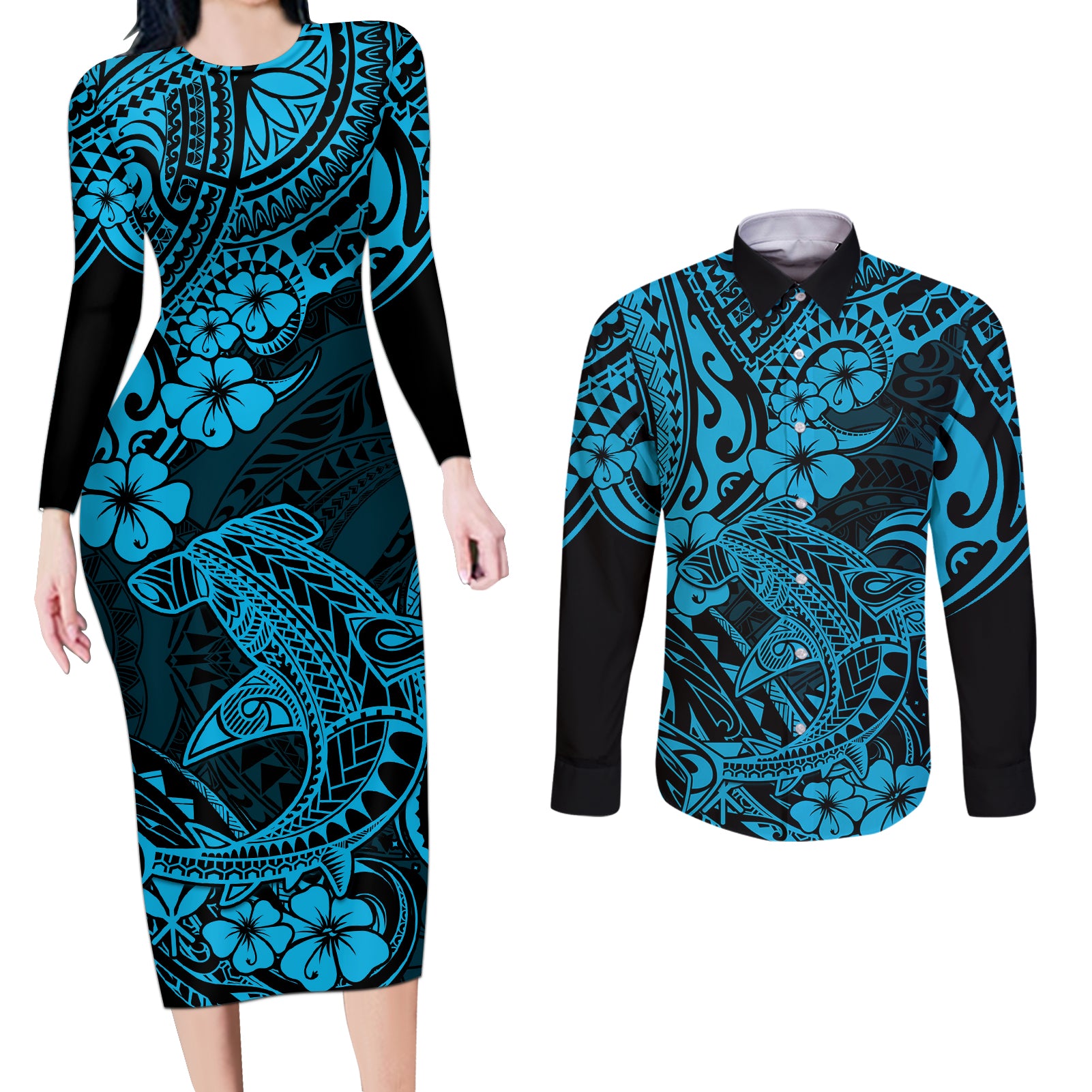Hawaii Shark Couples Matching Long Sleeve Bodycon Dress and Long Sleeve Button Shirts Polynesian Pattern Sky Blue Version - Wonder Print Shop