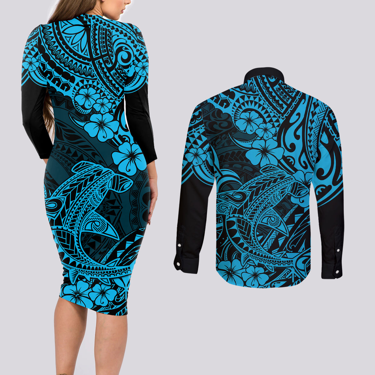 Hawaii Shark Couples Matching Long Sleeve Bodycon Dress and Long Sleeve Button Shirts Polynesian Pattern Sky Blue Version - Wonder Print Shop