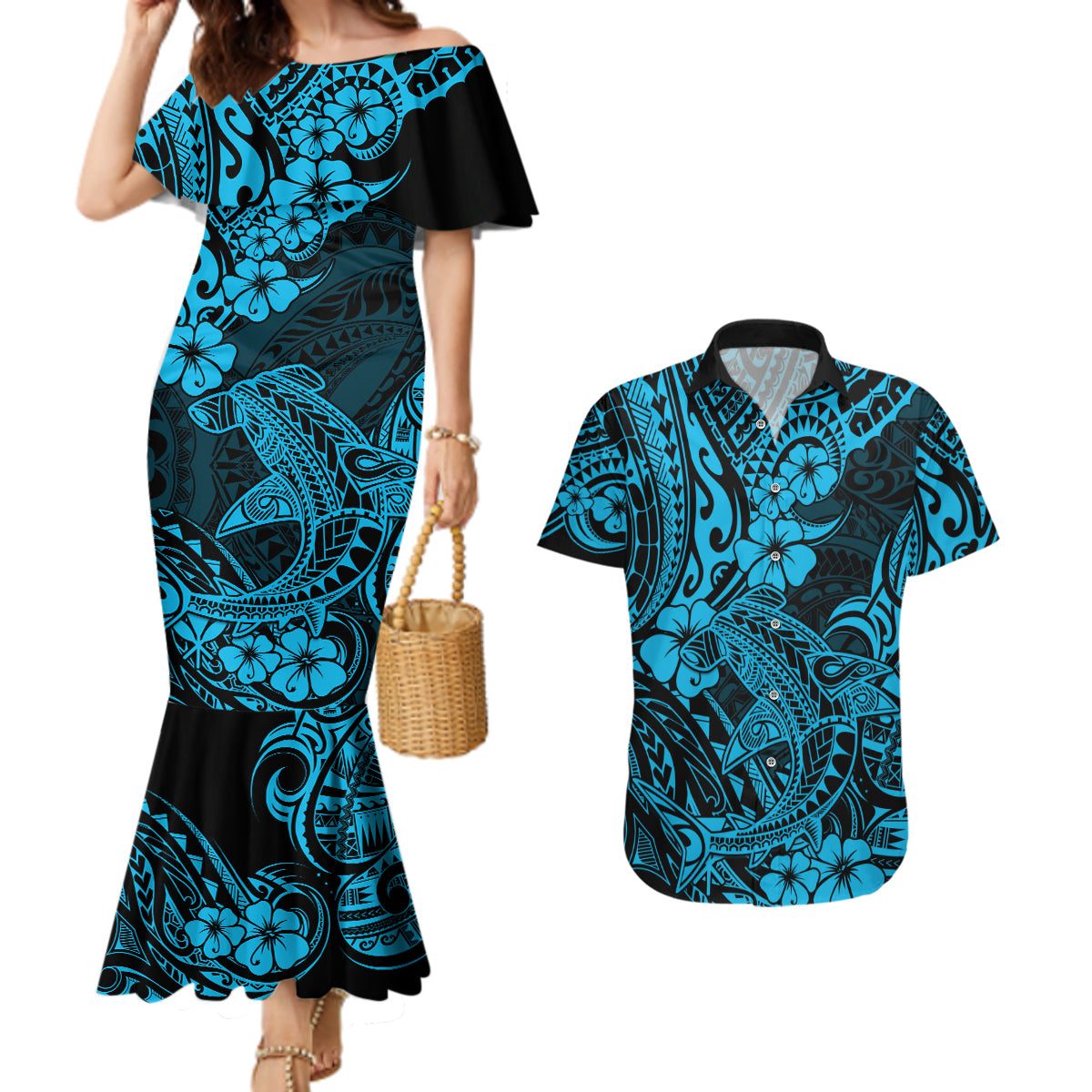 Hawaii Shark Couples Matching Mermaid Dress and Hawaiian Shirt Polynesian Pattern Sky Blue Version - Wonder Print Shop