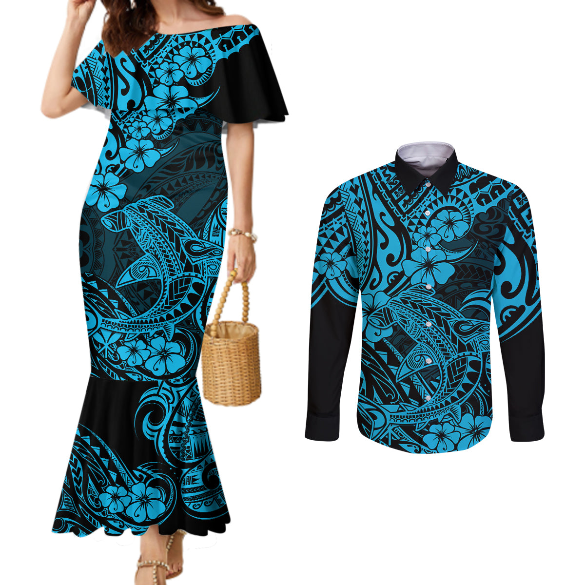 hawaii-shark-couples-matching-mermaid-dress-and-long-sleeve-button-shirts-polynesian-pattern-sky-blue-version