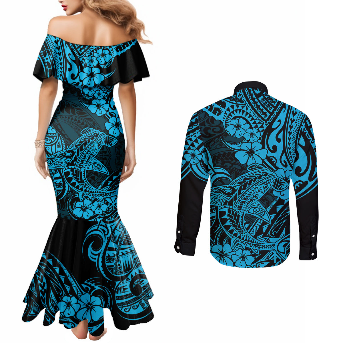 hawaii-shark-couples-matching-mermaid-dress-and-long-sleeve-button-shirts-polynesian-pattern-sky-blue-version
