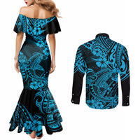 hawaii-shark-couples-matching-mermaid-dress-and-long-sleeve-button-shirts-polynesian-pattern-sky-blue-version