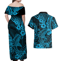 Hawaii Shark Couples Matching Off Shoulder Maxi Dress and Hawaiian Shirt Polynesian Pattern Sky Blue Version - Wonder Print Shop
