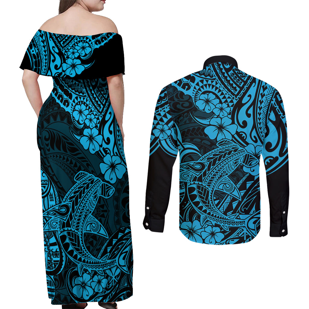 Hawaii Shark Couples Matching Off Shoulder Maxi Dress and Long Sleeve Button Shirts Polynesian Pattern Sky Blue Version - Wonder Print Shop