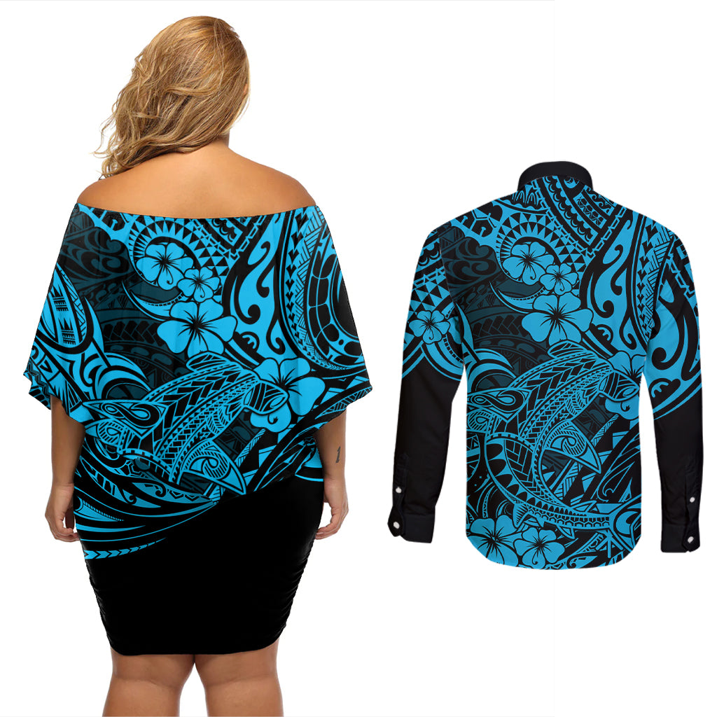 Hawaii Shark Couples Matching Off Shoulder Short Dress and Long Sleeve Button Shirts Polynesian Pattern Sky Blue Version - Wonder Print Shop