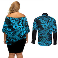 Hawaii Shark Couples Matching Off Shoulder Short Dress and Long Sleeve Button Shirts Polynesian Pattern Sky Blue Version - Wonder Print Shop