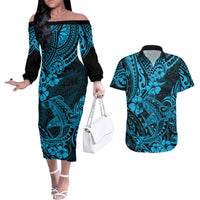 Hawaii Shark Couples Matching Off The Shoulder Long Sleeve Dress and Hawaiian Shirt Polynesian Pattern Sky Blue Version - Wonder Print Shop