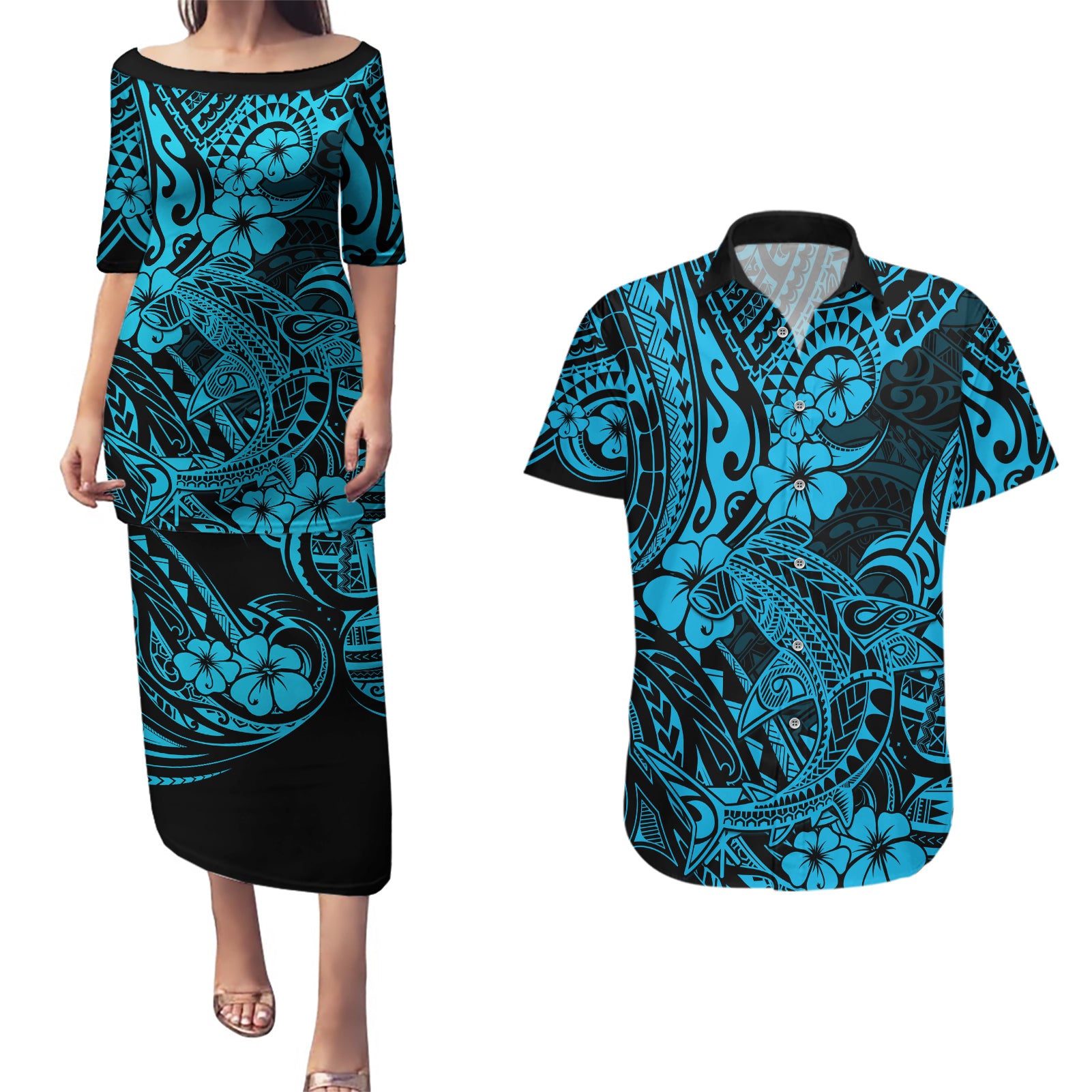 Hawaii Shark Couples Matching Puletasi Dress and Hawaiian Shirt Polynesian Pattern Sky Blue Version - Wonder Print Shop
