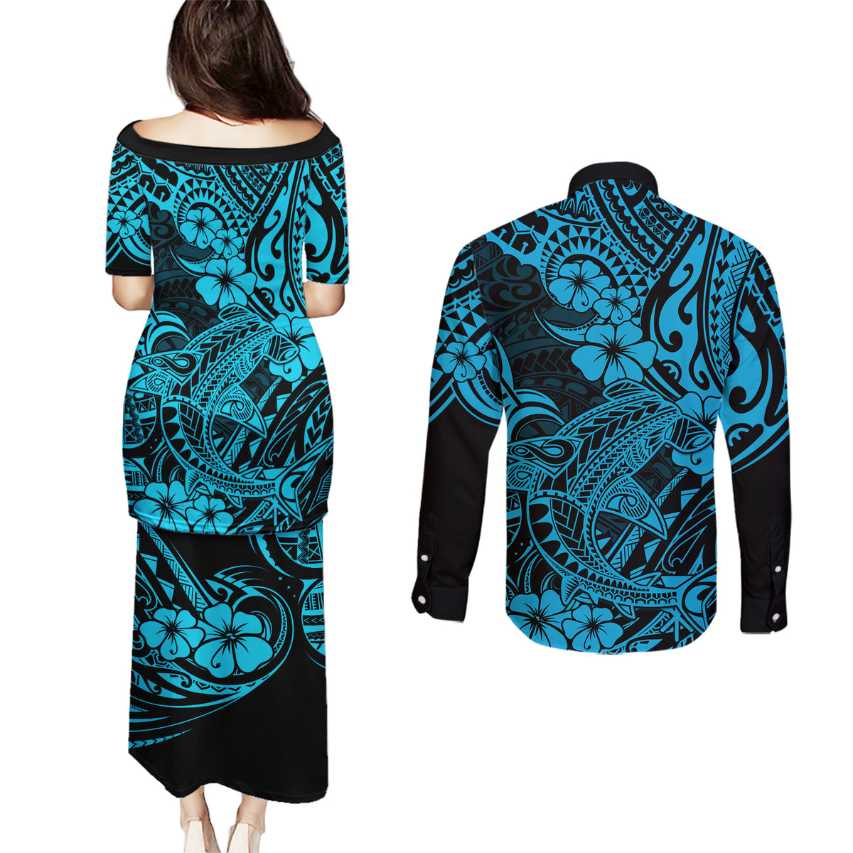 Hawaii Shark Couples Matching Puletasi Dress and Long Sleeve Button Shirts Polynesian Pattern Sky Blue Version - Wonder Print Shop