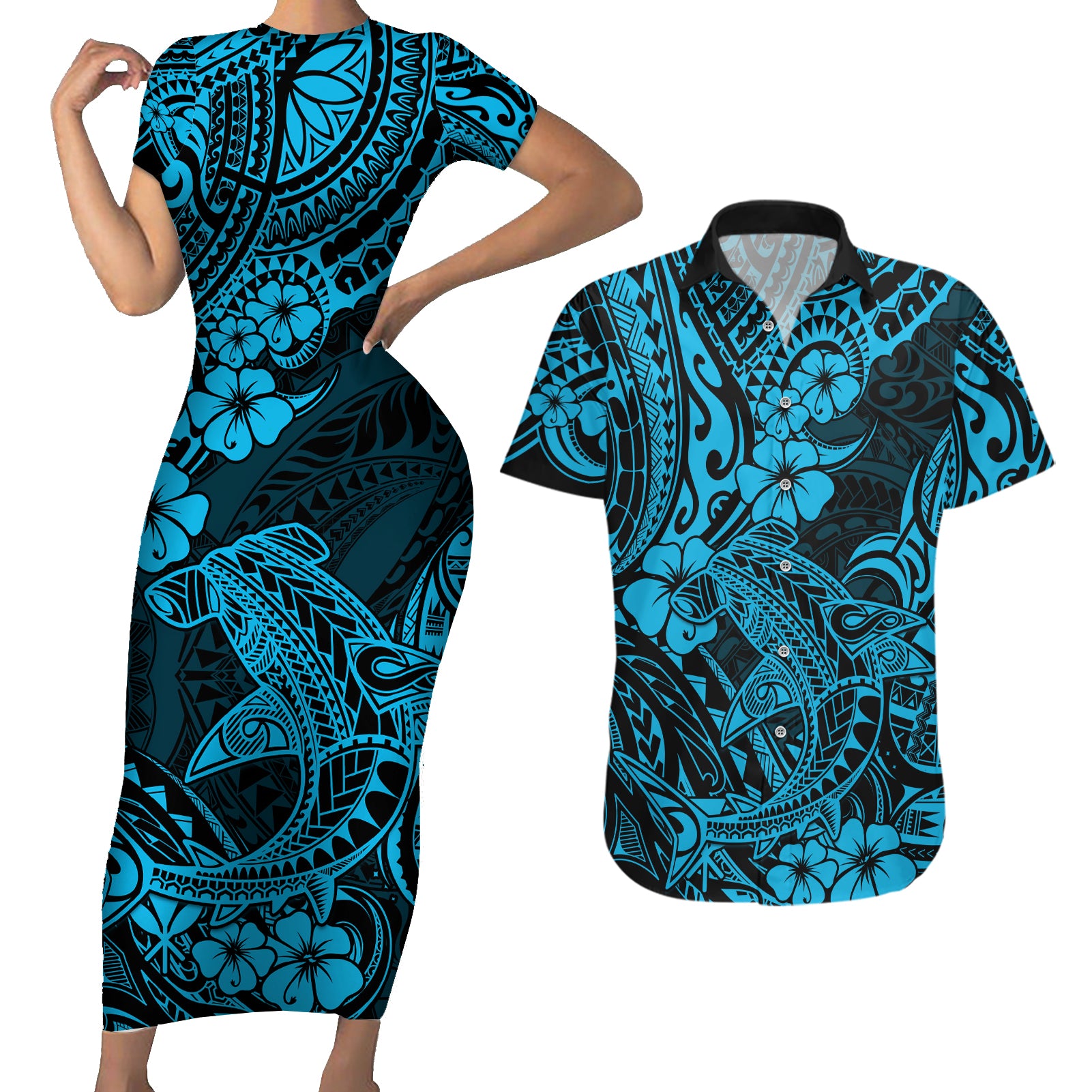 Hawaii Shark Couples Matching Short Sleeve Bodycon Dress and Hawaiian Shirt Polynesian Pattern Sky Blue Version - Wonder Print Shop