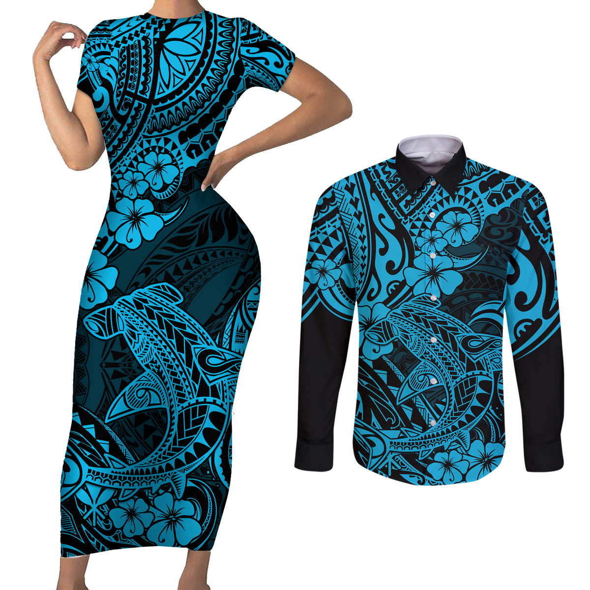 Hawaii Shark Couples Matching Short Sleeve Bodycon Dress and Long Sleeve Button Shirts Polynesian Pattern Sky Blue Version - Wonder Print Shop