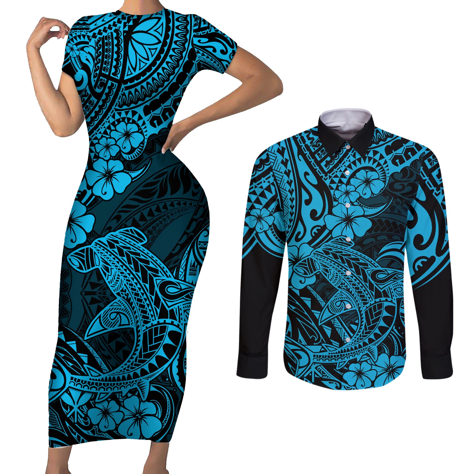 Hawaii Shark Couples Matching Short Sleeve Bodycon Dress and Long Sleeve Button Shirts Polynesian Pattern Sky Blue Version - Wonder Print Shop