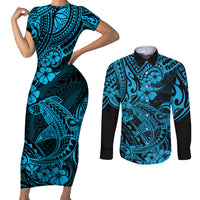 Hawaii Shark Couples Matching Short Sleeve Bodycon Dress and Long Sleeve Button Shirts Polynesian Pattern Sky Blue Version - Wonder Print Shop