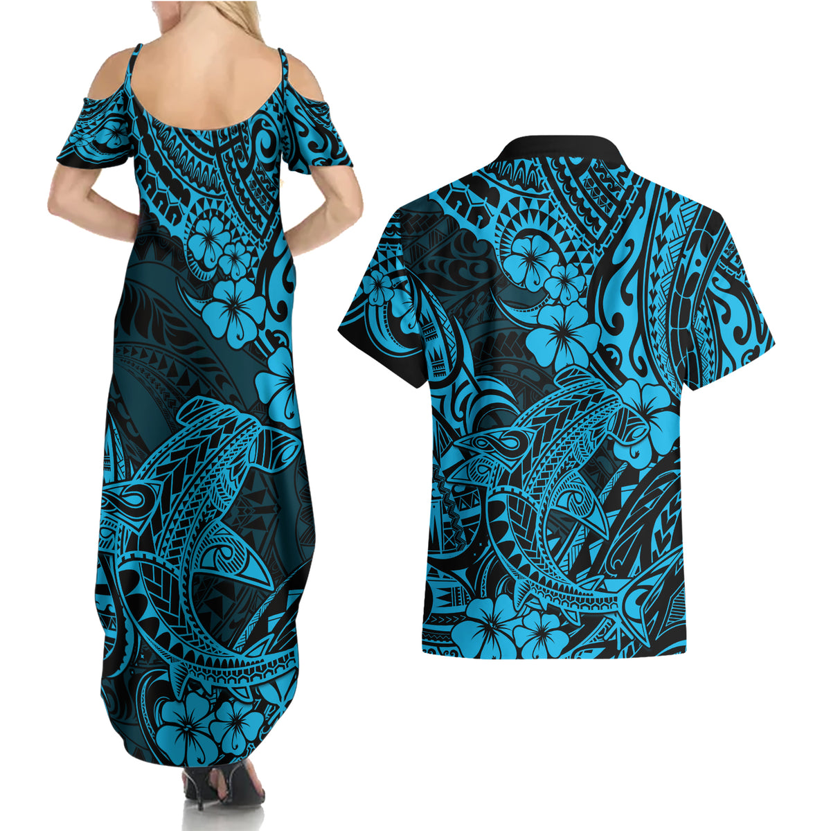 Hawaii Shark Couples Matching Summer Maxi Dress and Hawaiian Shirt Polynesian Pattern Sky Blue Version - Wonder Print Shop