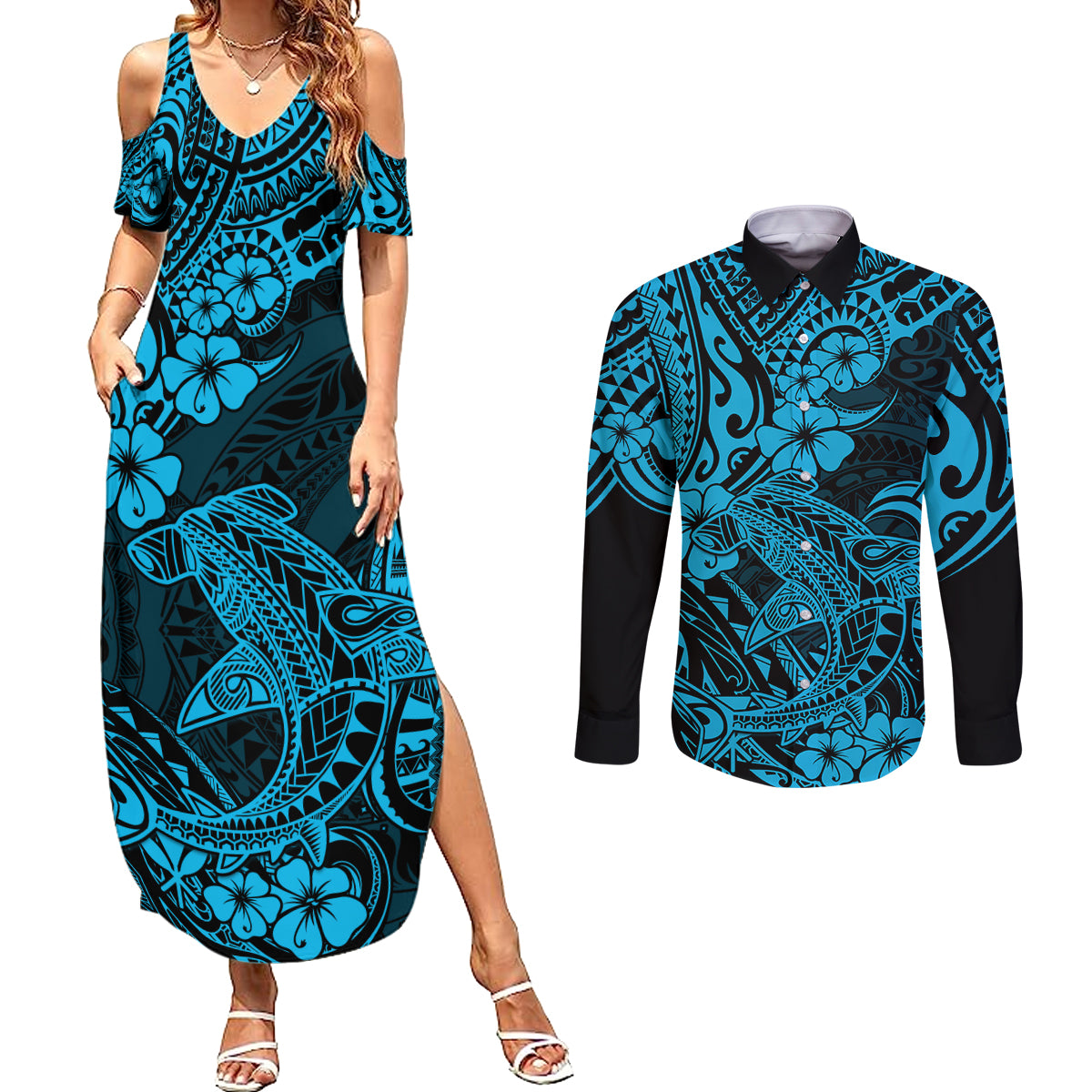 Hawaii Shark Couples Matching Summer Maxi Dress and Long Sleeve Button Shirts Polynesian Pattern Sky Blue Version - Wonder Print Shop