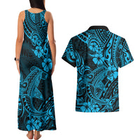 Hawaii Shark Couples Matching Tank Maxi Dress and Hawaiian Shirt Polynesian Pattern Sky Blue Version - Wonder Print Shop