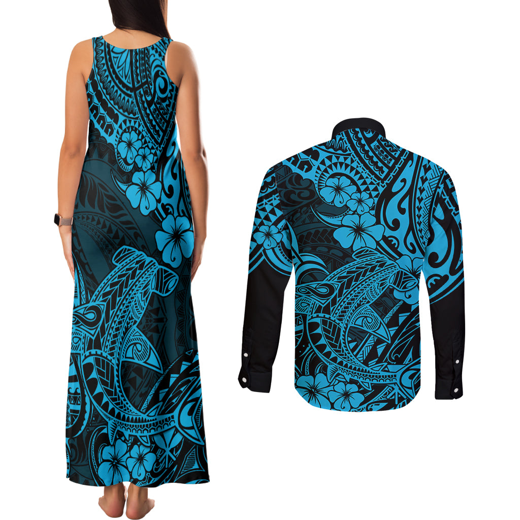 Hawaii Shark Couples Matching Tank Maxi Dress and Long Sleeve Button Shirts Polynesian Pattern Sky Blue Version - Wonder Print Shop