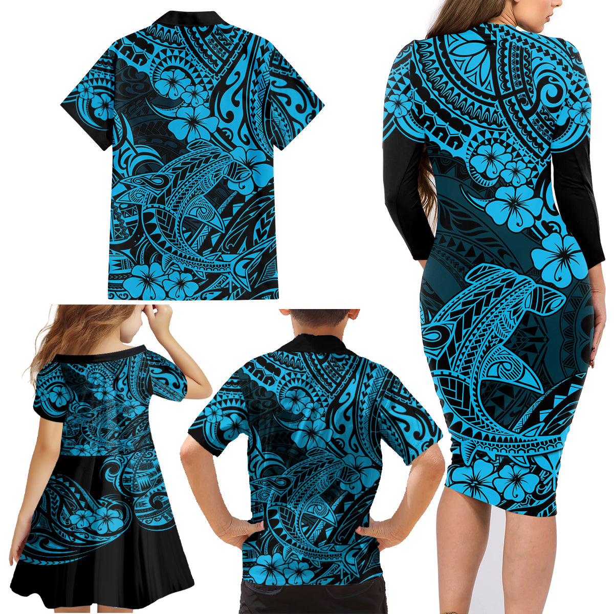 Hawaii Shark Family Matching Long Sleeve Bodycon Dress and Hawaiian Shirt Polynesian Pattern Sky Blue Version - Wonder Print Shop