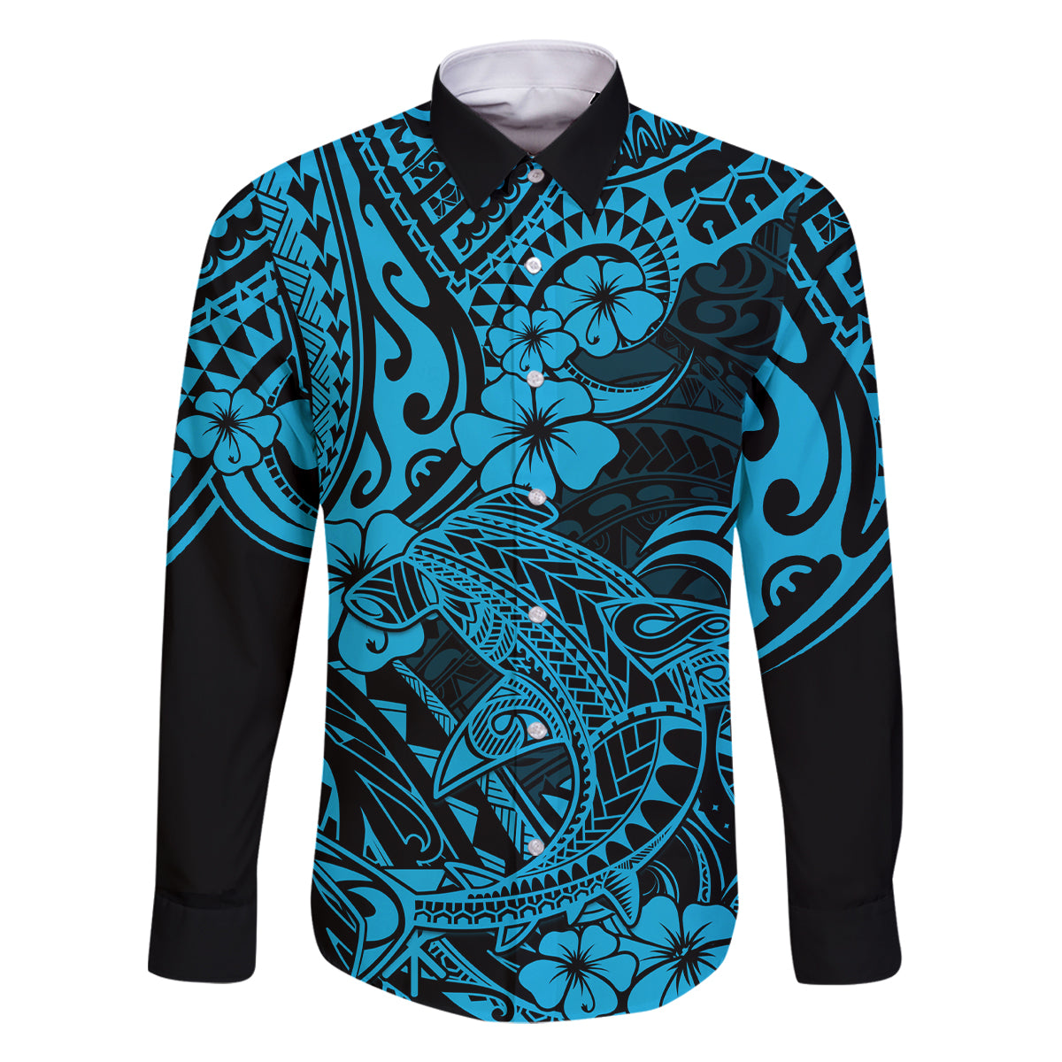 Hawaii Shark Family Matching Long Sleeve Bodycon Dress and Hawaiian Shirt Polynesian Pattern Sky Blue Version - Wonder Print Shop
