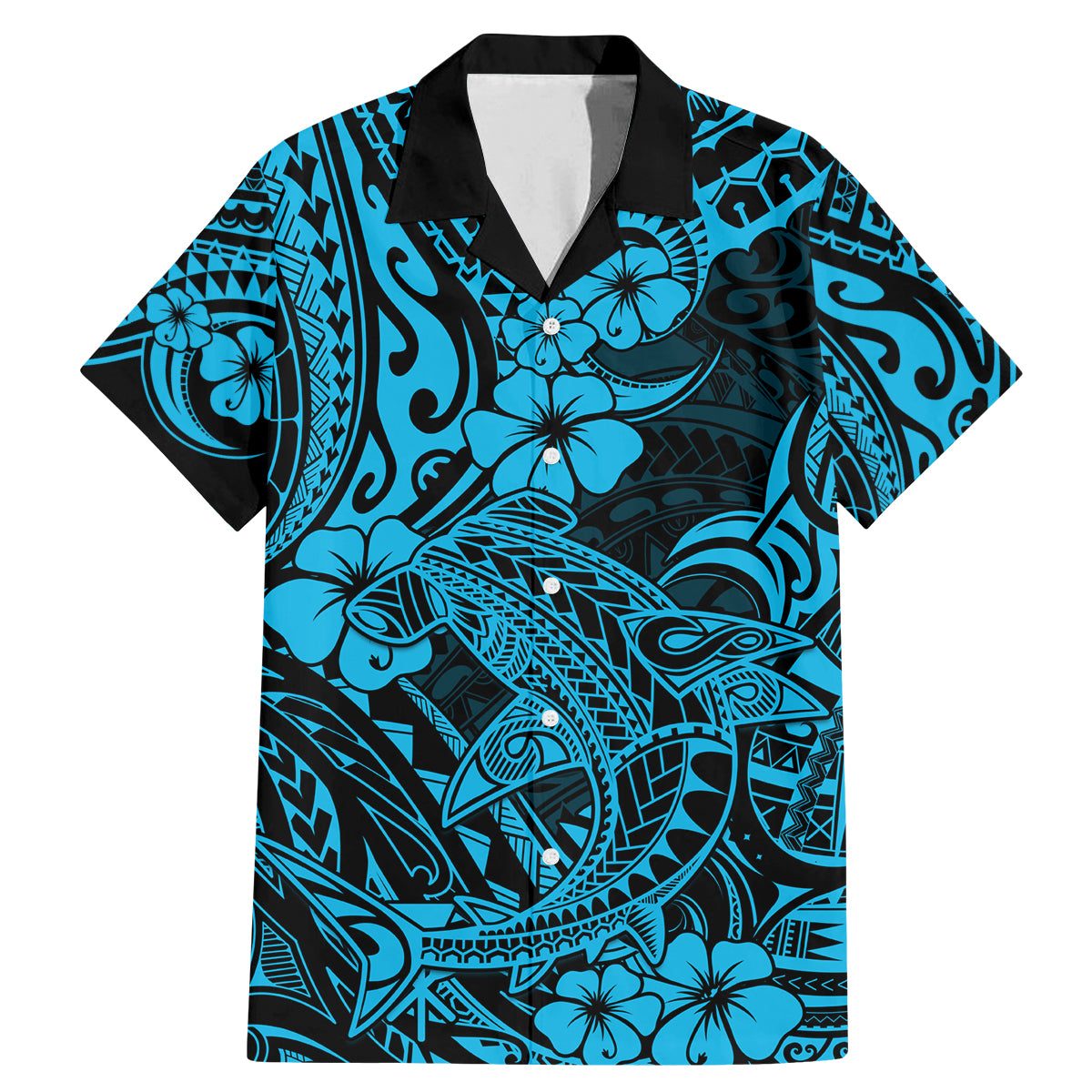 Hawaii Shark Family Matching Mermaid Dress and Hawaiian Shirt Polynesian Pattern Sky Blue Version - Wonder Print Shop