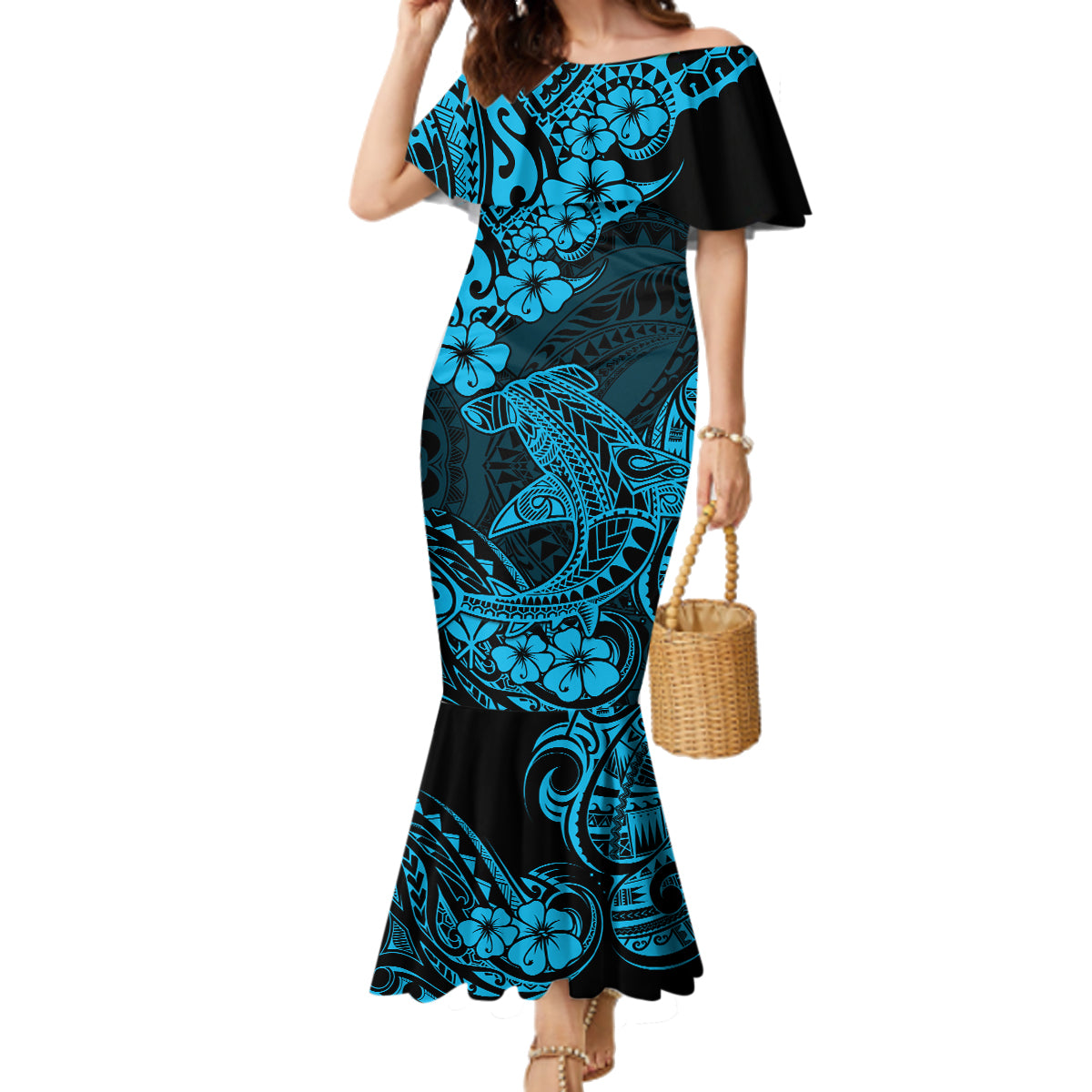 Hawaii Shark Family Matching Mermaid Dress and Hawaiian Shirt Polynesian Pattern Sky Blue Version - Wonder Print Shop