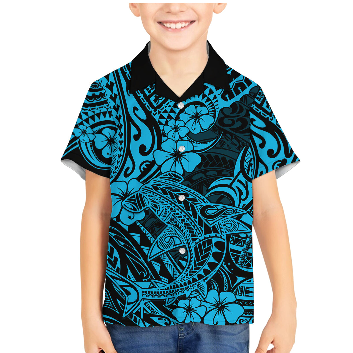 Hawaii Shark Family Matching Mermaid Dress and Hawaiian Shirt Polynesian Pattern Sky Blue Version - Wonder Print Shop