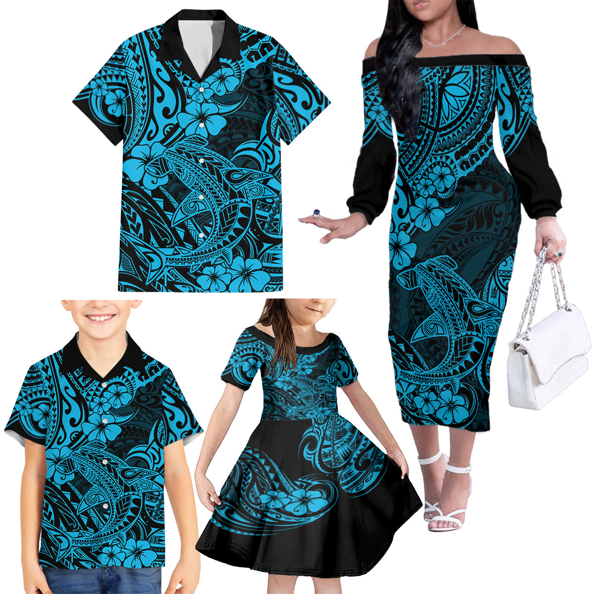 Hawaii Shark Family Matching Off Shoulder Long Sleeve Dress and Hawaiian Shirt Polynesian Pattern Sky Blue Version - Wonder Print Shop
