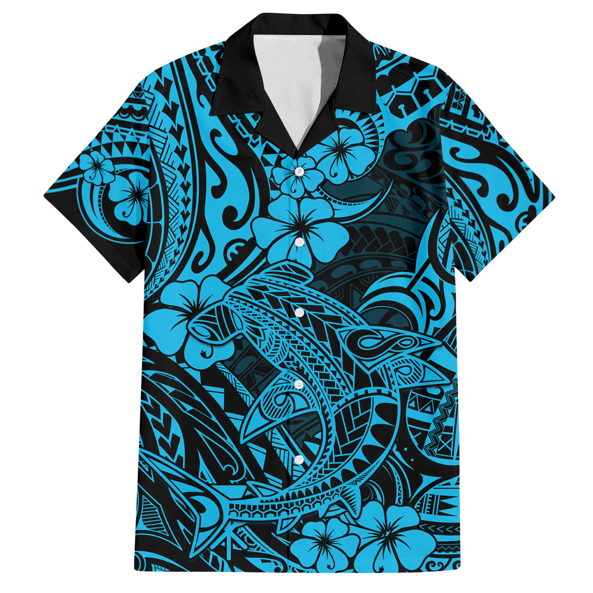 Hawaii Shark Family Matching Off Shoulder Long Sleeve Dress and Hawaiian Shirt Polynesian Pattern Sky Blue Version - Wonder Print Shop