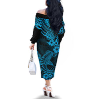 Hawaii Shark Family Matching Off Shoulder Long Sleeve Dress and Hawaiian Shirt Polynesian Pattern Sky Blue Version - Wonder Print Shop