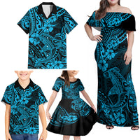 Hawaii Shark Family Matching Off Shoulder Maxi Dress and Hawaiian Shirt Polynesian Pattern Sky Blue Version - Wonder Print Shop