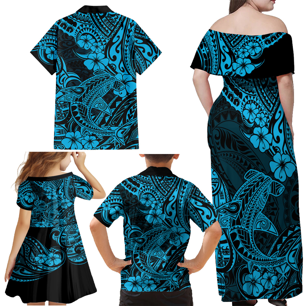 Hawaii Shark Family Matching Off Shoulder Maxi Dress and Hawaiian Shirt Polynesian Pattern Sky Blue Version - Wonder Print Shop