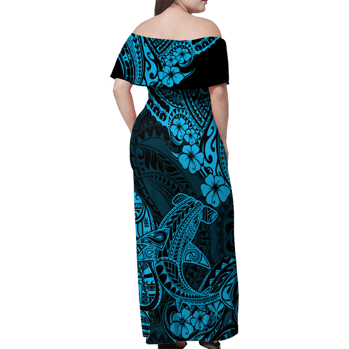 Hawaii Shark Family Matching Off Shoulder Maxi Dress and Hawaiian Shirt Polynesian Pattern Sky Blue Version - Wonder Print Shop