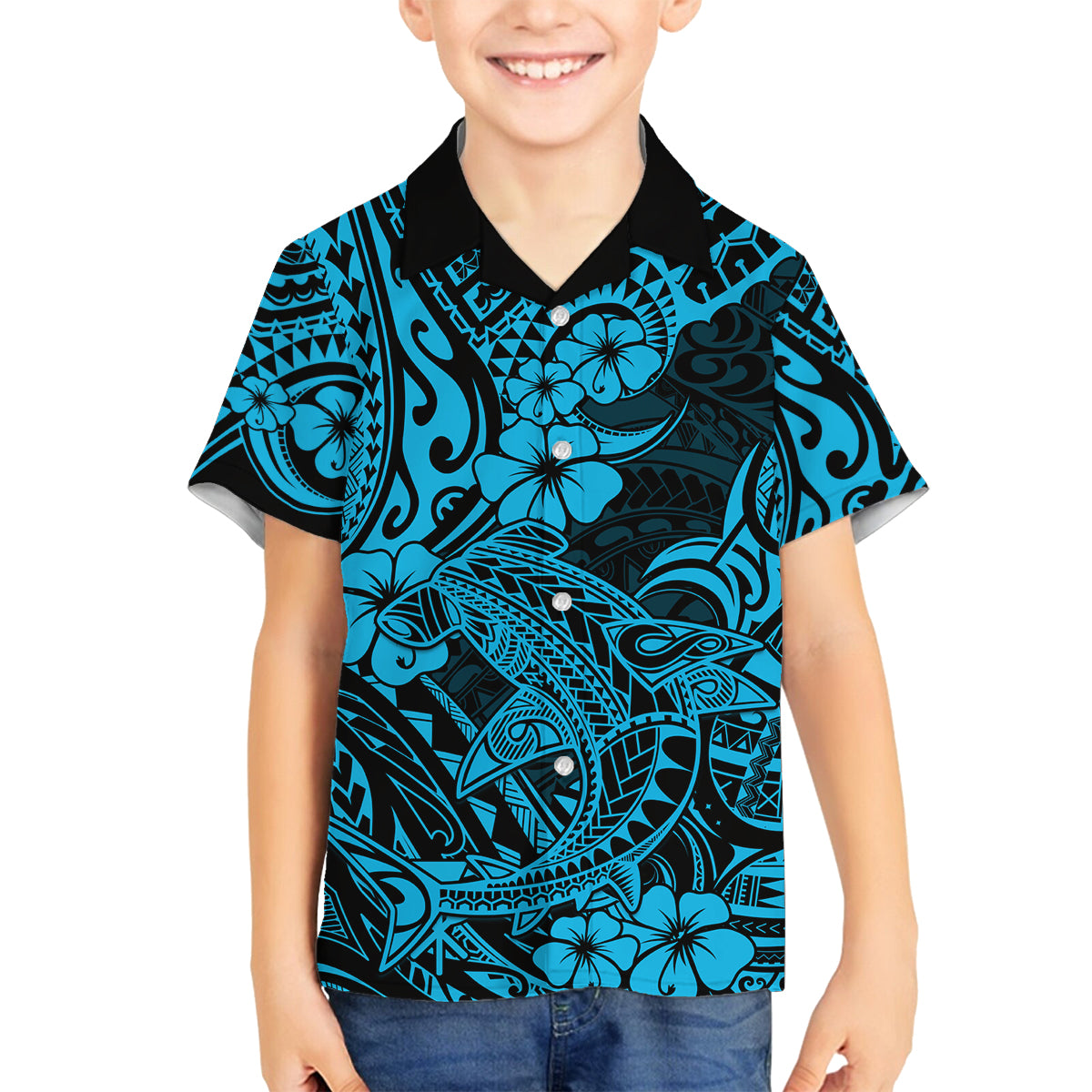 Hawaii Shark Family Matching Off Shoulder Maxi Dress and Hawaiian Shirt Polynesian Pattern Sky Blue Version - Wonder Print Shop