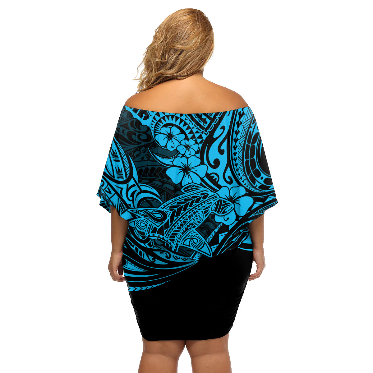 Hawaii Shark Family Matching Off Shoulder Short Dress and Hawaiian Shirt Polynesian Pattern Sky Blue Version - Wonder Print Shop