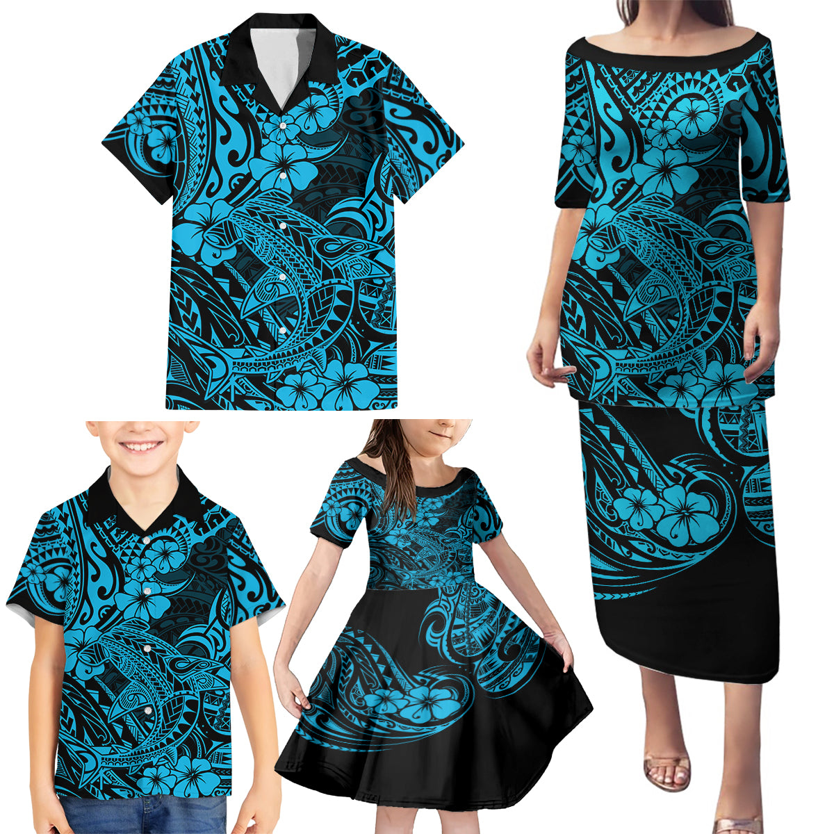 Hawaii Shark Family Matching Puletasi Dress and Hawaiian Shirt Polynesian Pattern Sky Blue Version - Wonder Print Shop