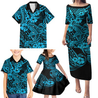 Hawaii Shark Family Matching Puletasi Dress and Hawaiian Shirt Polynesian Pattern Sky Blue Version - Wonder Print Shop