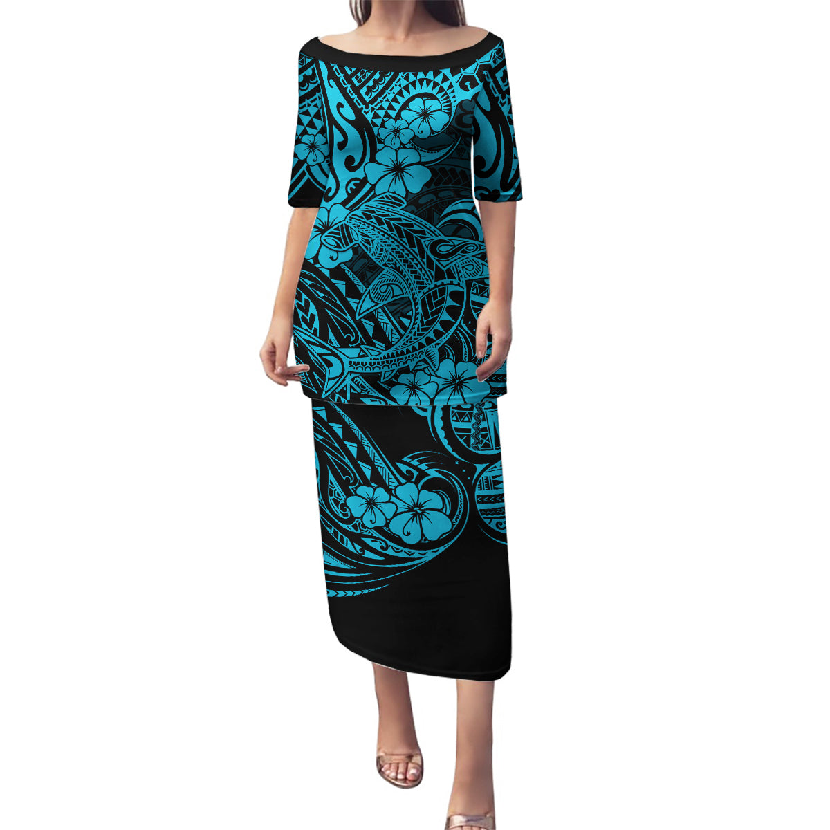 Hawaii Shark Family Matching Puletasi Dress and Hawaiian Shirt Polynesian Pattern Sky Blue Version - Wonder Print Shop