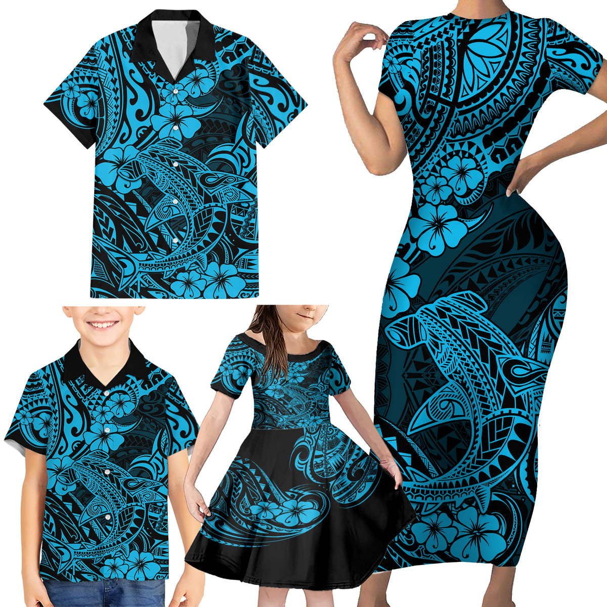 Hawaii Shark Family Matching Short Sleeve Bodycon Dress and Hawaiian Shirt Polynesian Pattern Sky Blue Version - Wonder Print Shop