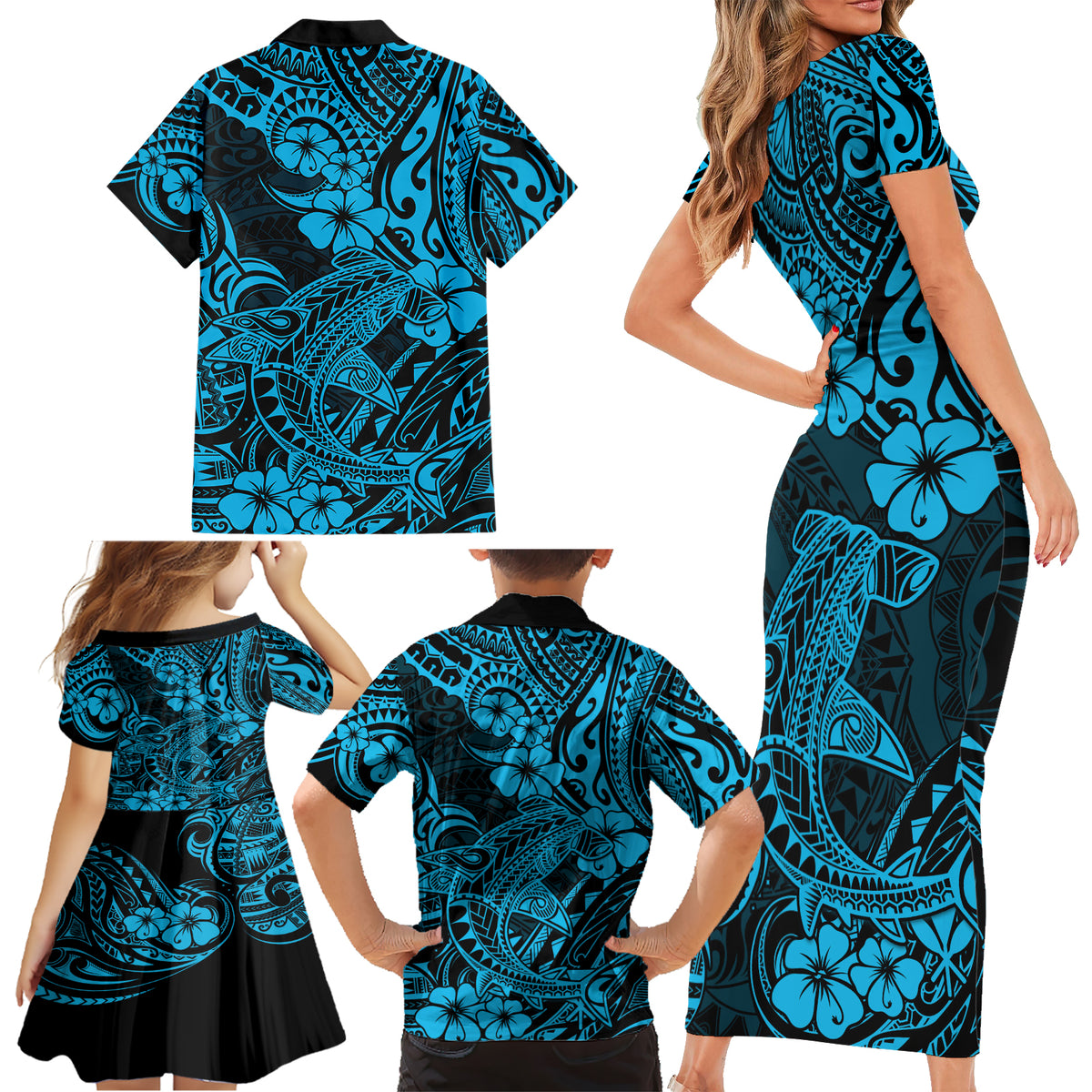 Hawaii Shark Family Matching Short Sleeve Bodycon Dress and Hawaiian Shirt Polynesian Pattern Sky Blue Version - Wonder Print Shop