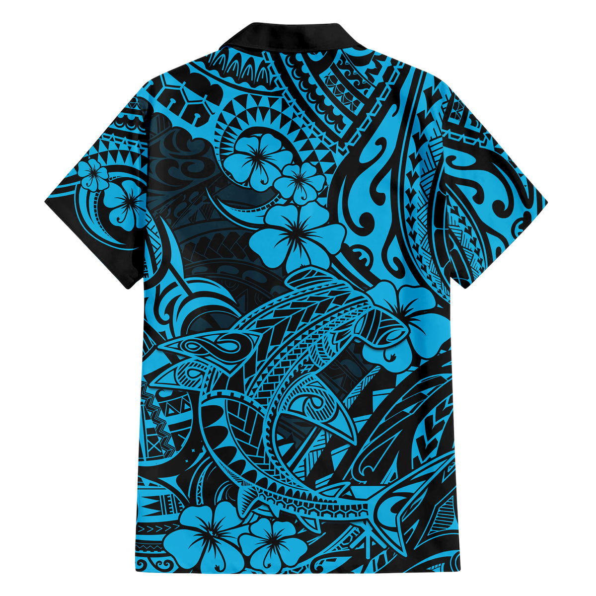 Hawaii Shark Family Matching Short Sleeve Bodycon Dress and Hawaiian Shirt Polynesian Pattern Sky Blue Version - Wonder Print Shop