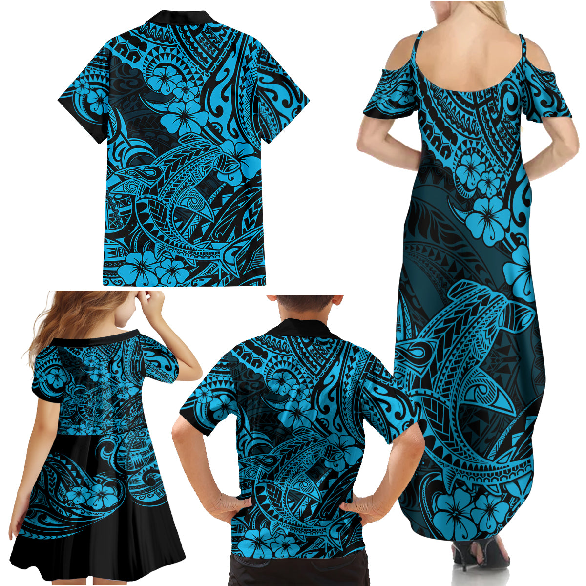 Hawaii Shark Family Matching Summer Maxi Dress and Hawaiian Shirt Polynesian Pattern Sky Blue Version - Wonder Print Shop