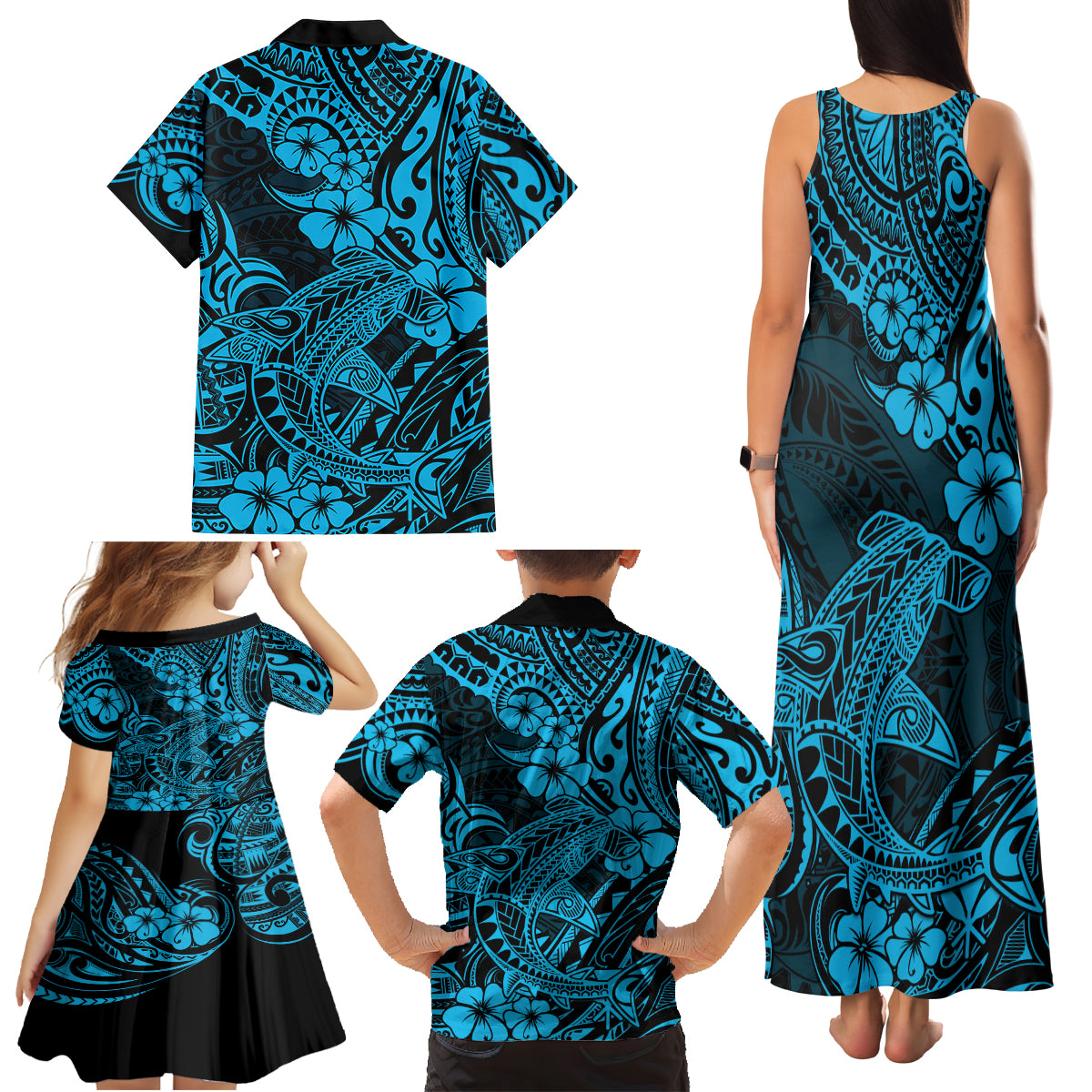 Hawaii Shark Family Matching Tank Maxi Dress and Hawaiian Shirt Polynesian Pattern Sky Blue Version - Wonder Print Shop