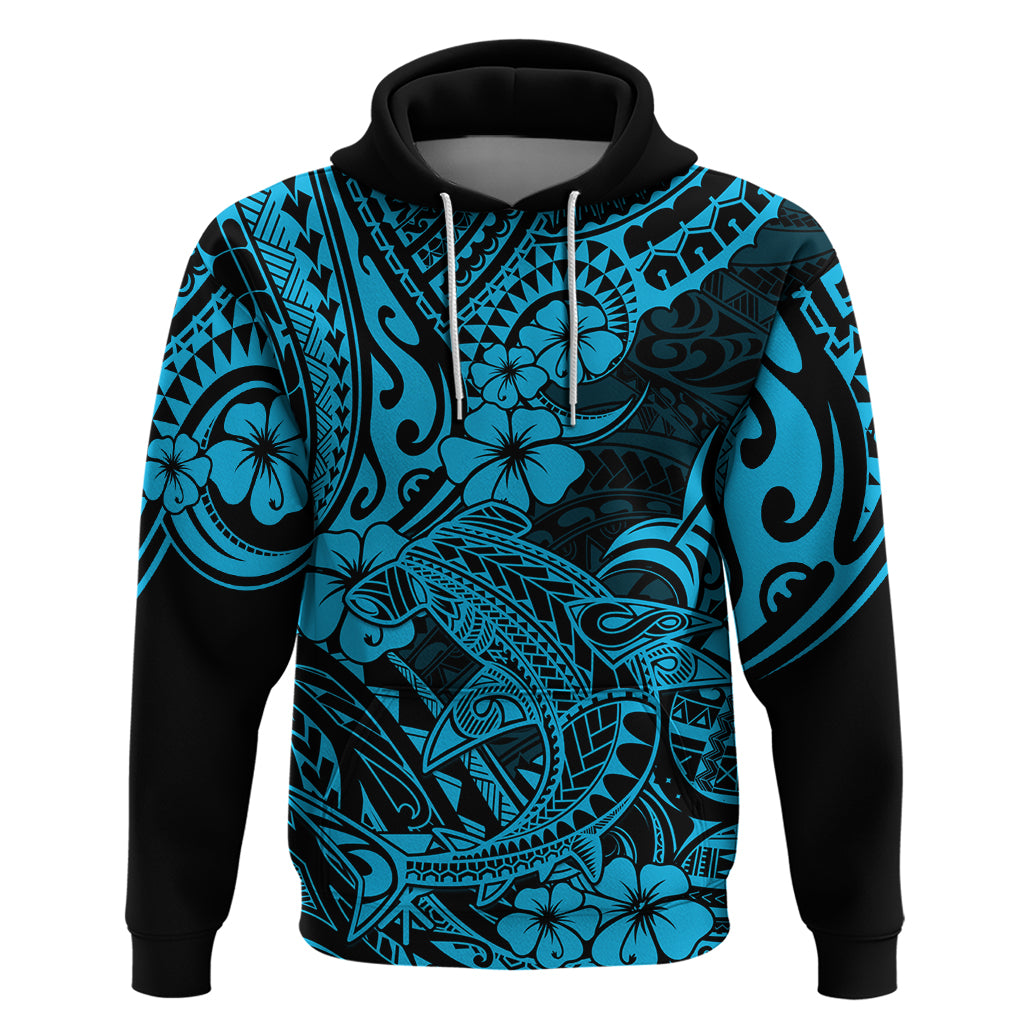 Hawaii Shark Hoodie Polynesian Pattern Sky Blue Version - Wonder Print Shop