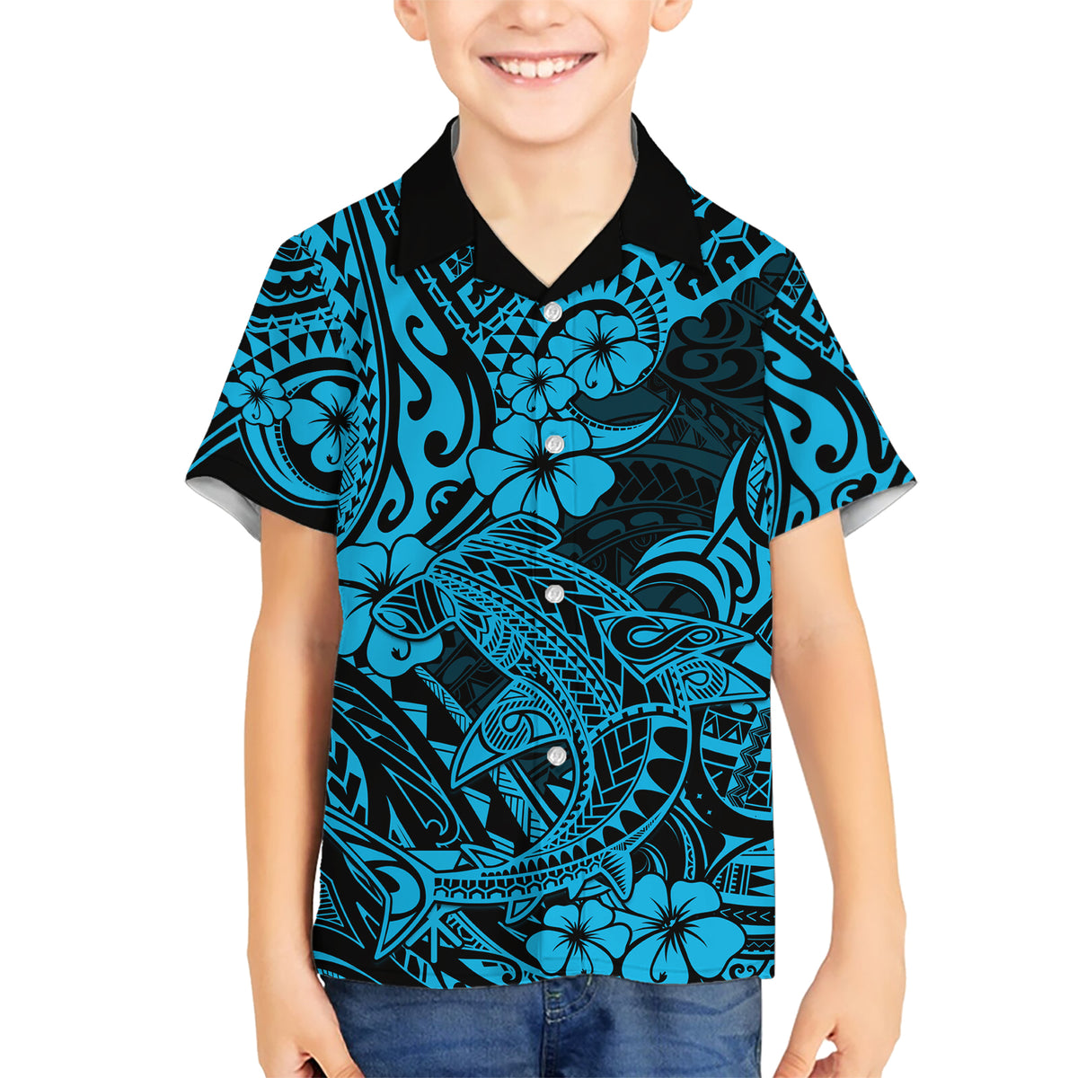 Hawaii Shark Kid Hawaiian Shirt Polynesian Pattern Sky Blue Version - Wonder Print Shop