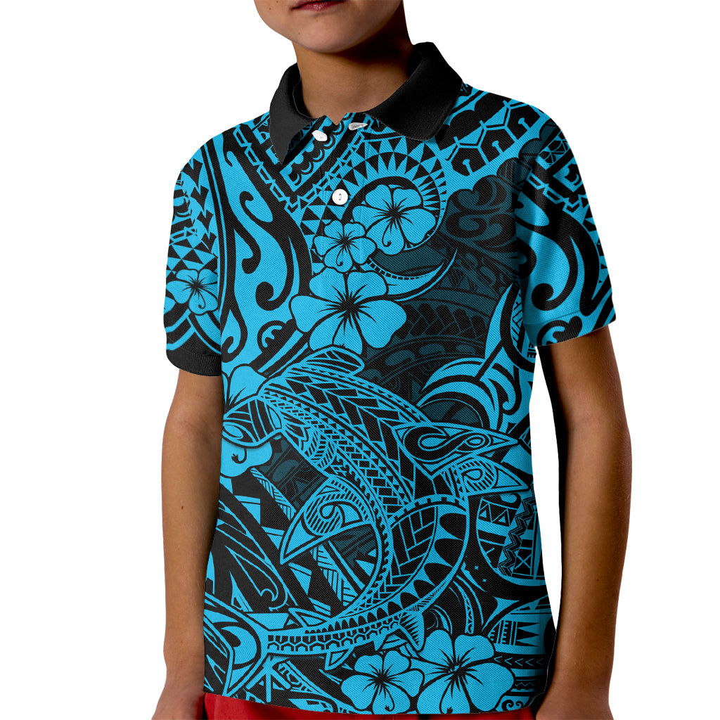 Hawaii Shark Kid Polo Shirt Polynesian Pattern Sky Blue Version - Wonder Print Shop