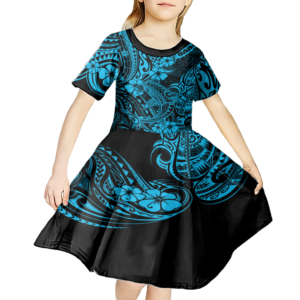 Hawaii Shark Kid Short Sleeve Dress Polynesian Pattern Sky Blue Version - Wonder Print Shop
