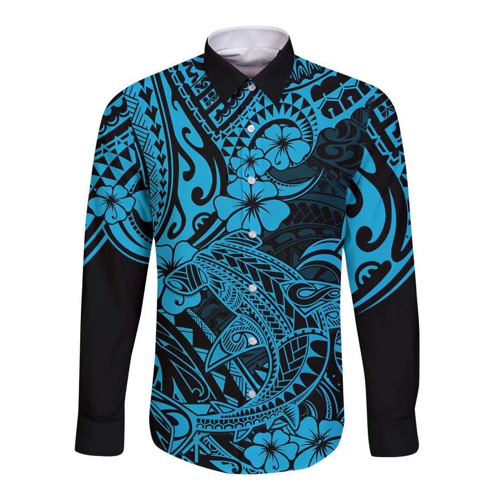 Hawaii Shark Long Sleeve Button Shirt Polynesian Pattern Sky Blue Version - Wonder Print Shop