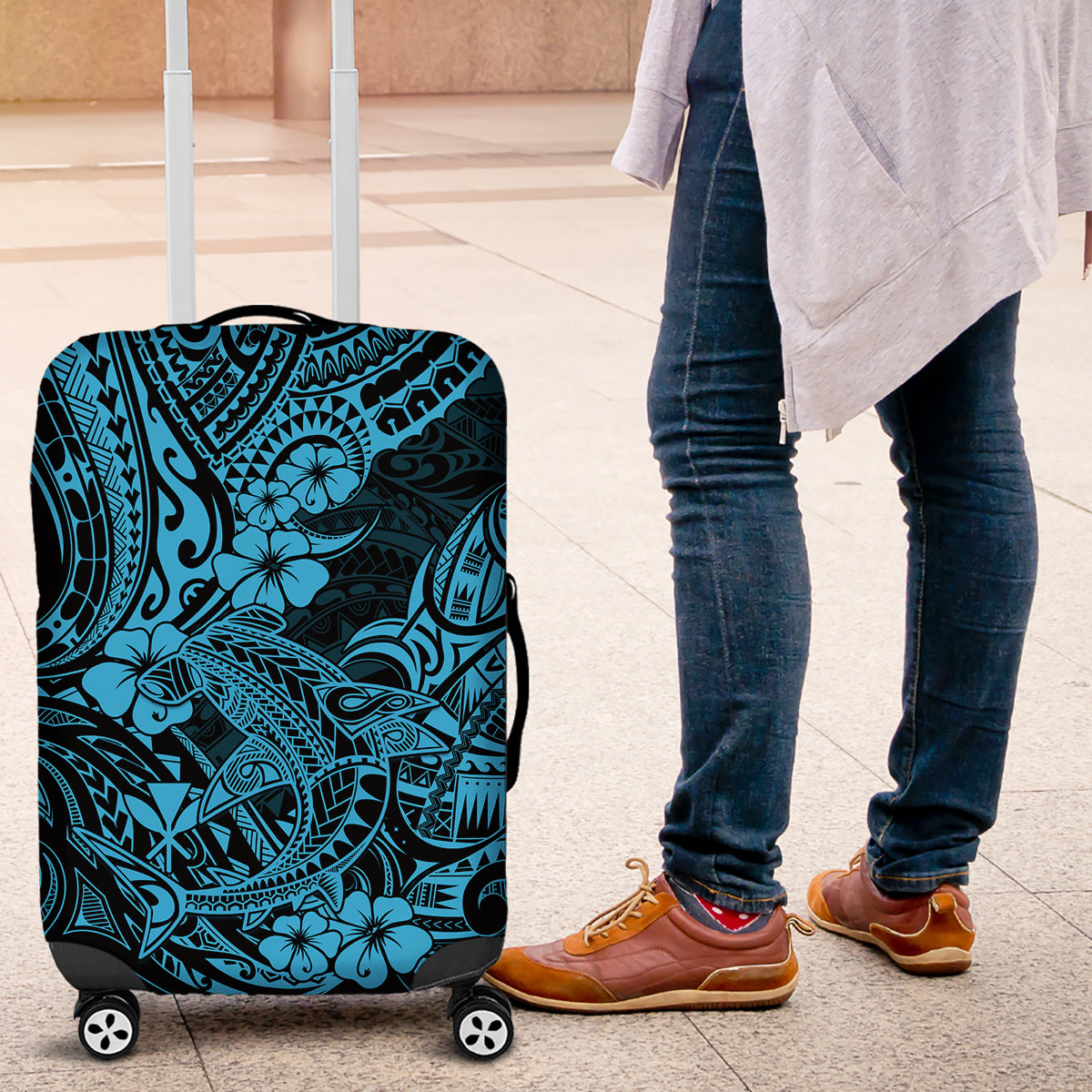 Hawaii Shark Luggage Cover Polynesian Pattern Sky Blue Version - Wonder Print Shop