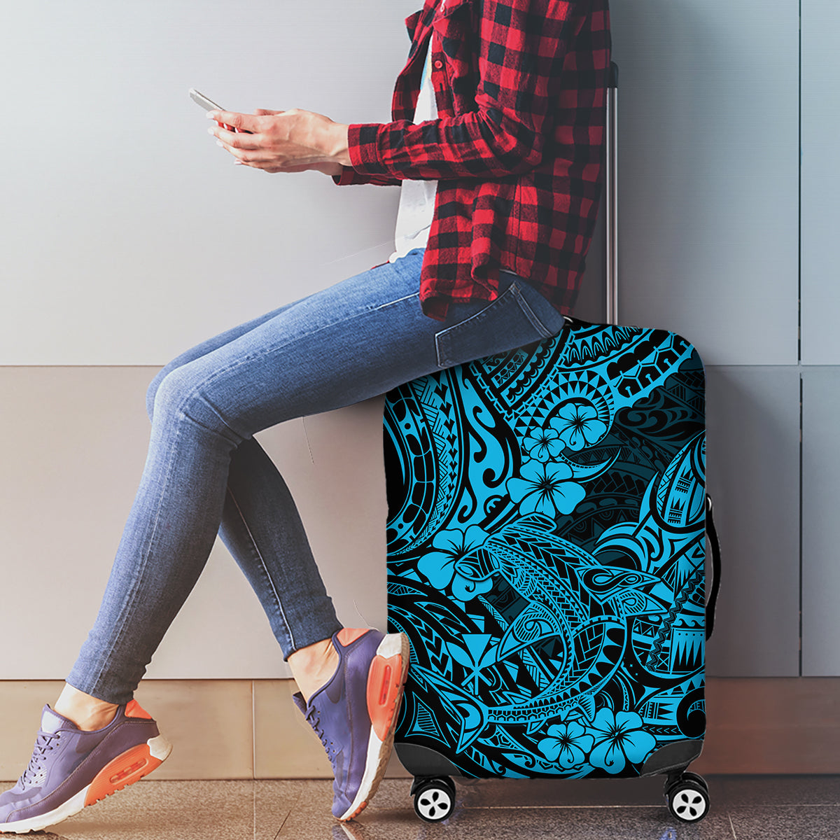 Hawaii Shark Luggage Cover Polynesian Pattern Sky Blue Version - Wonder Print Shop