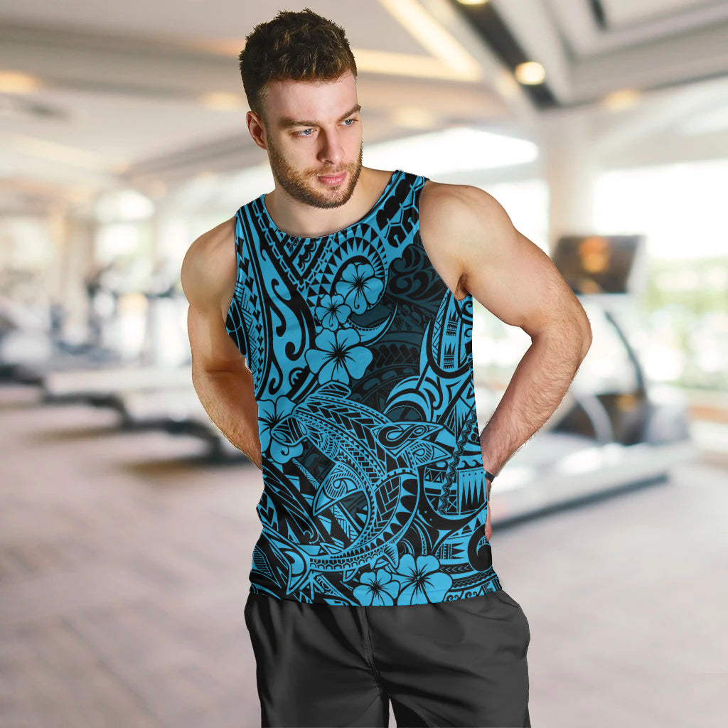 Hawaii Shark Men Tank Top Polynesian Pattern Sky Blue Version - Wonder Print Shop